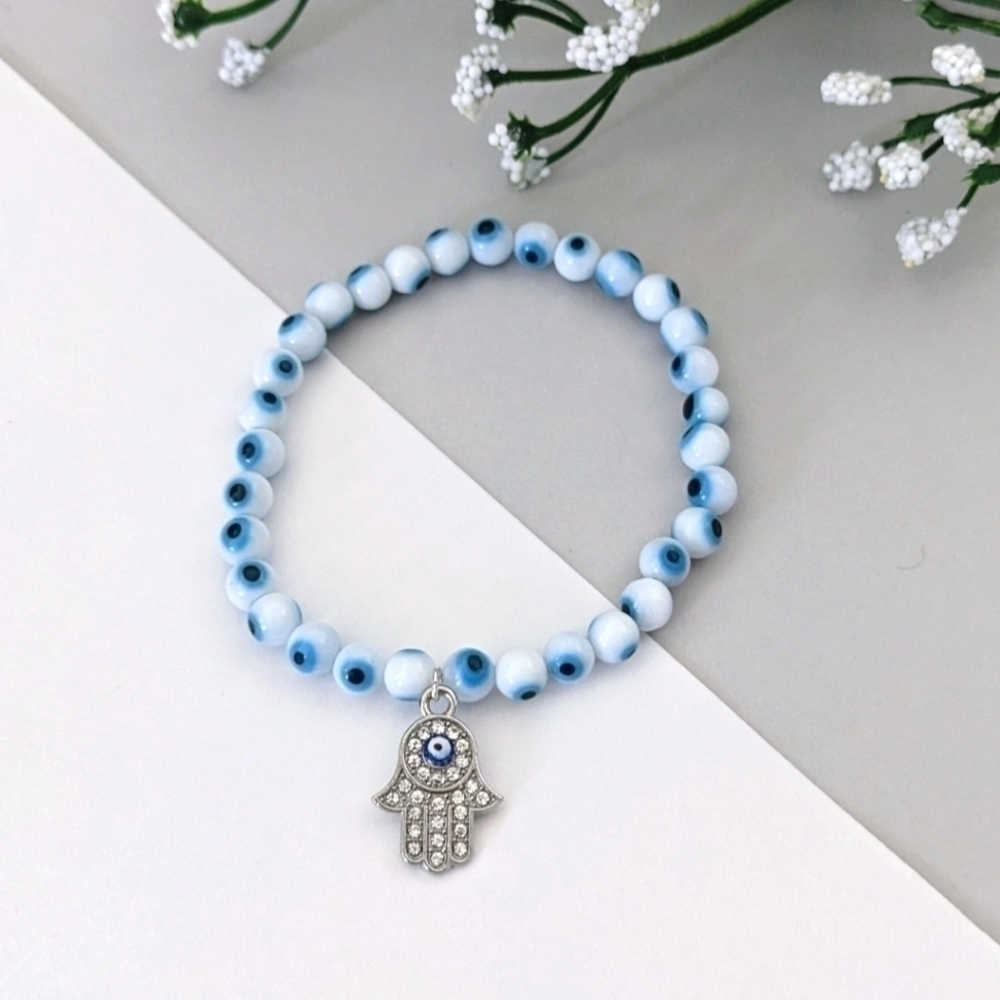 Evil Eye Beaded Stretch Bracelet with Hamsa Hand  | Handcrafted